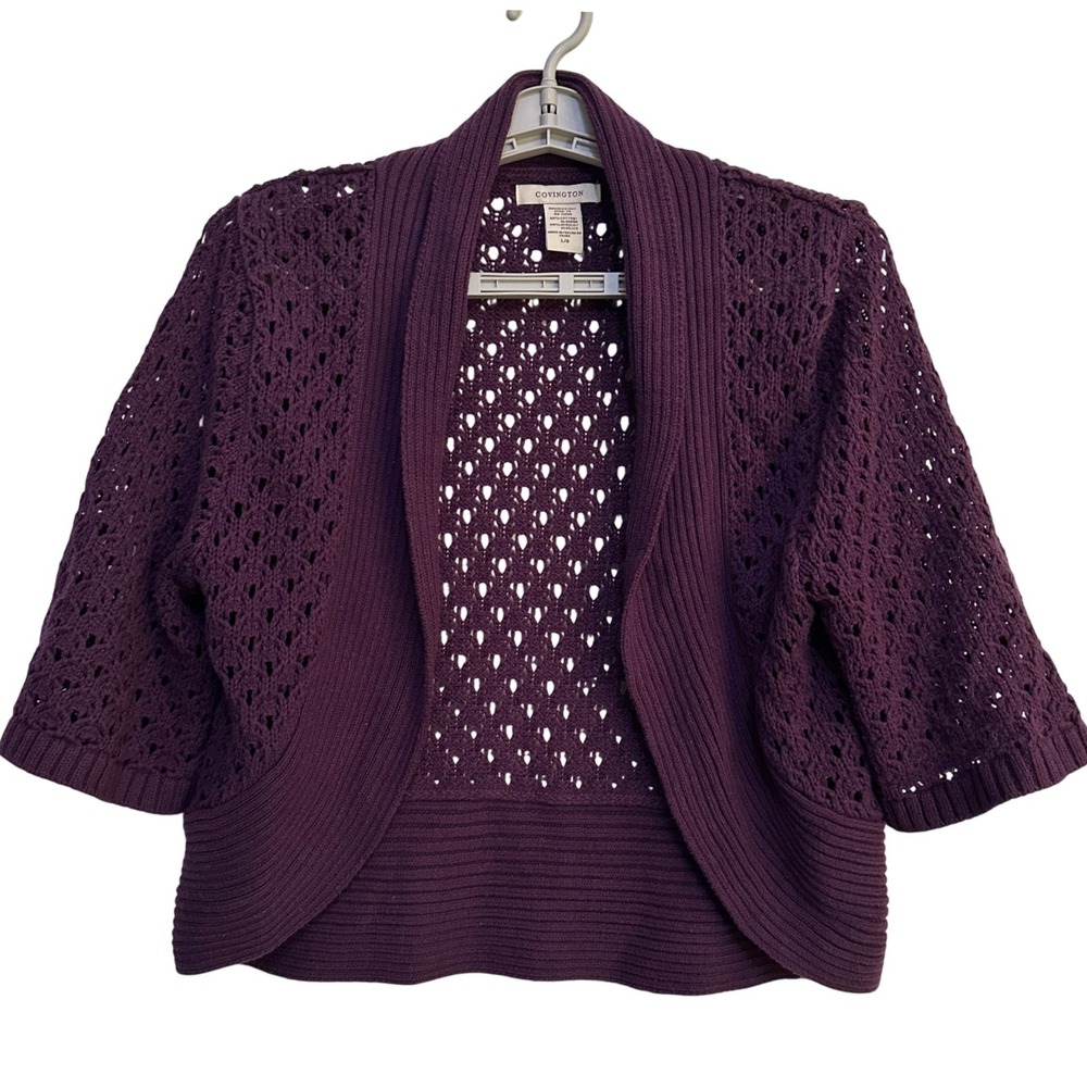 Covington Purple Crochet Open Knit Front Shrug Bolero L Boho Cottage Festival